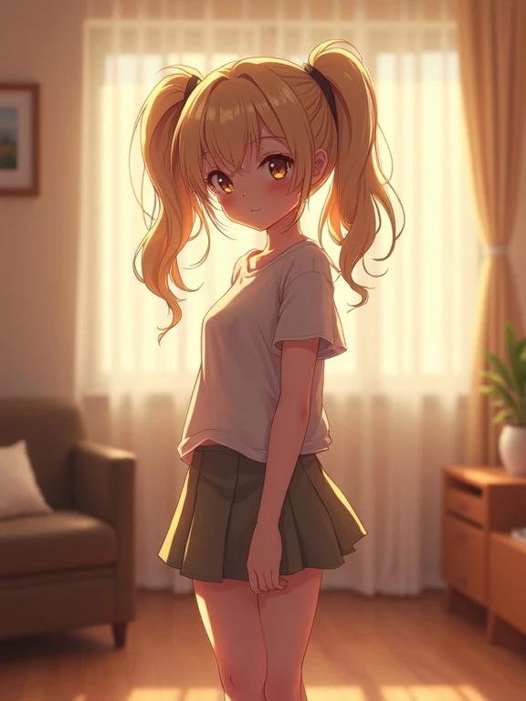 A beautiful young girl stands in a living room. She has blonde twin tails and wears a mini skirt. Sunlight filters through the curtains, creating a warm ambiance.