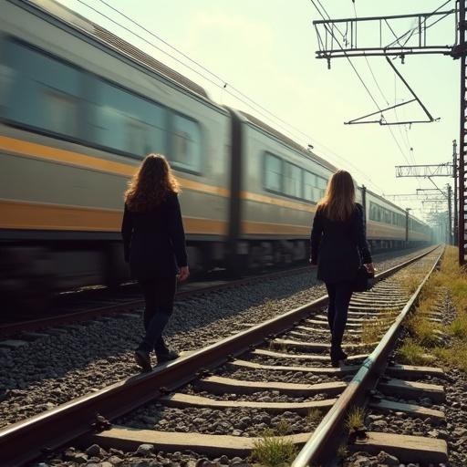 Women walking on train tracks as a train speeds by in the opposite direction