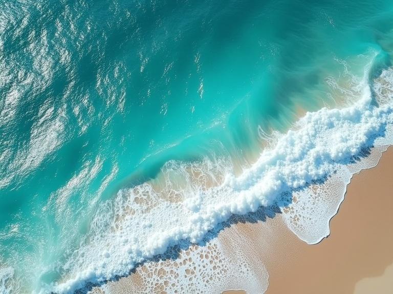 Top-down view of deep turquoise ocean waves with frothy white sea foam. High-resolution texture and natural lighting depict a tranquil beach scene with sandy shore.