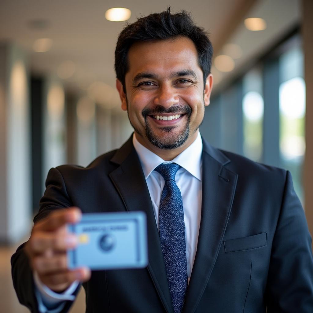 Portrait of a smiling man in a suit holding a credit card in an indoor setting. The background is blurred, enhancing the focus on the man and card.