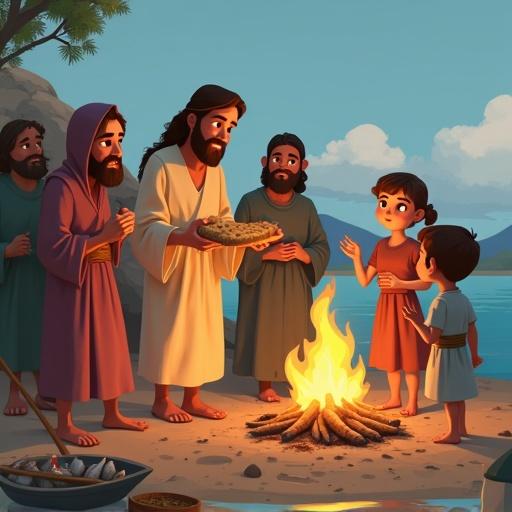 Scene set in first century Galilee on shores of Lake Galilee. Jesus holds bread with six apostles around him. A fire is cooking fish. A small fishing boat is visible. A boy and girl stand with a basket of fish observing happily.