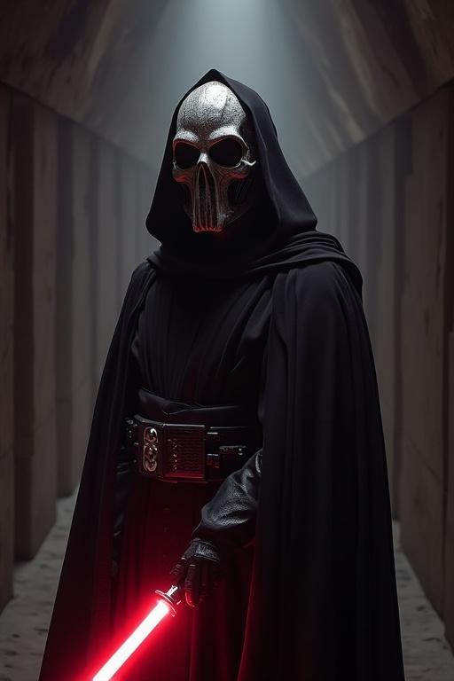 A Sith lord stands with a red lightsaber in a dark corridor. The character wears a black robe and a deformed space helmet resembling a metal skull. The atmosphere is ominous and dramatic.