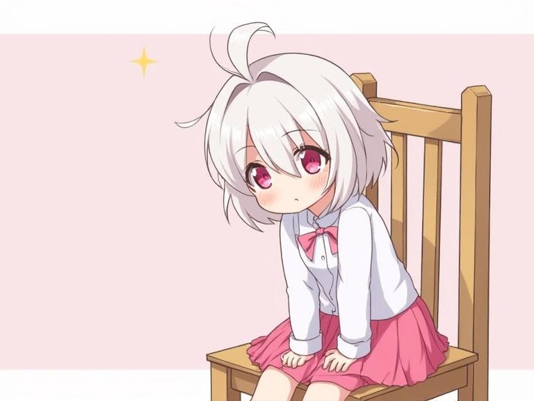 Young girl sitting on a chair. She has white hair and pink eyes. She wears a pink skirt and a white blouse. The scene has a cute atmosphere with light colors.