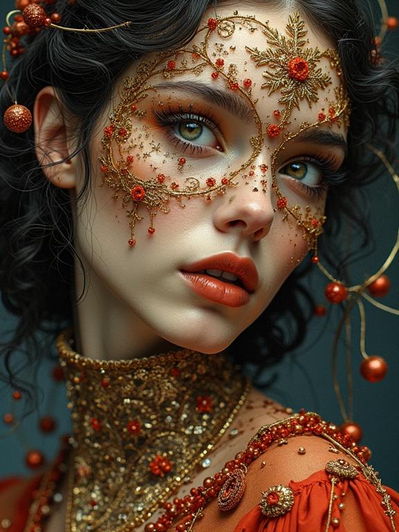 Close-up portrait of a model with elaborate facial decoration. The model wears a rich, embroidered dress with gold and red accents. Ornate makeup design covers the face, featuring detailed patterns and embellishments. The background is softly blurred to emphasize the model's features and accessories.