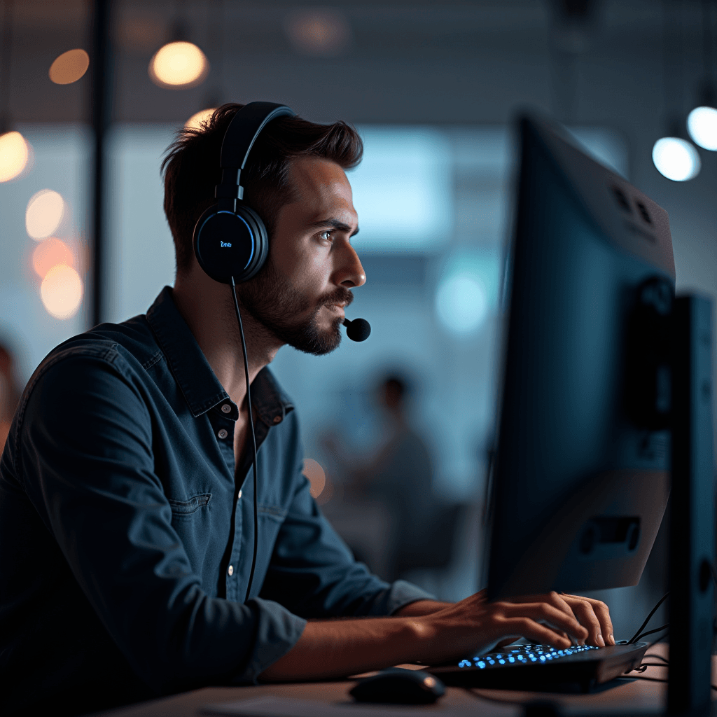 A person wearing a headset and using a keyboard, deeply engaged with a computer screen in a dimly lit room.