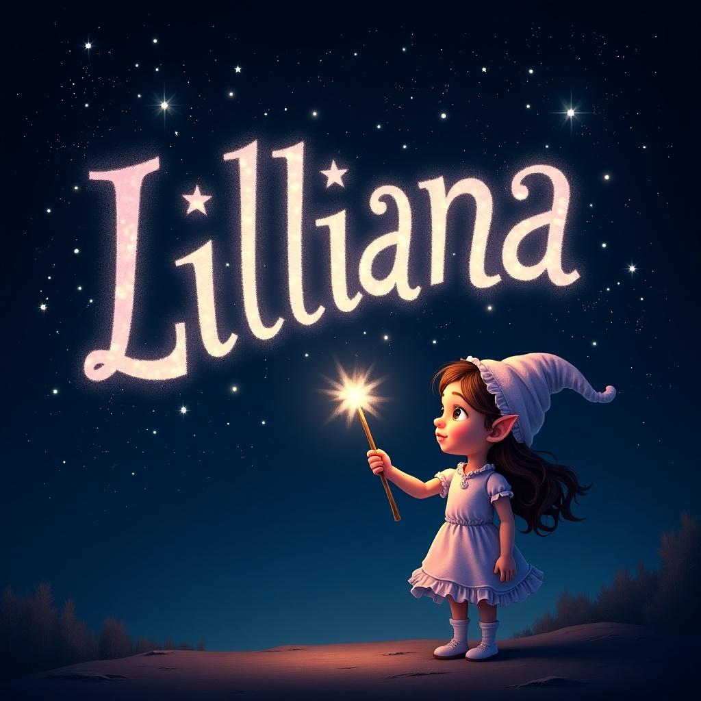 Illustration of a girl elf with a magical wand writing Lilliana in sparkling text. Starry night sky in the background. Dark atmosphere enhances the glowing letters. Magical and whimsical scene inviting fantasy.