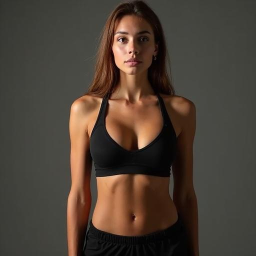 Portrait of an athletic woman showcasing a toned physique. She has natural skin and a confident expression, wearing a stylish sports top and shorts. The background is simple to highlight her form.