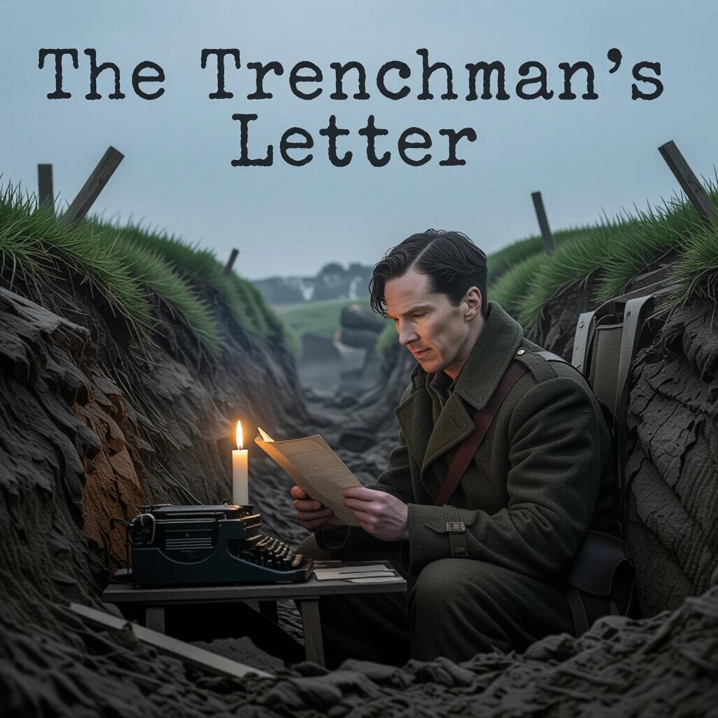 Movie poster featuring the title on war-worn parchment. A character reads a letter by candlelight in a WWI trench. Highlighted focus with smoke and grime in 4K grayscale.