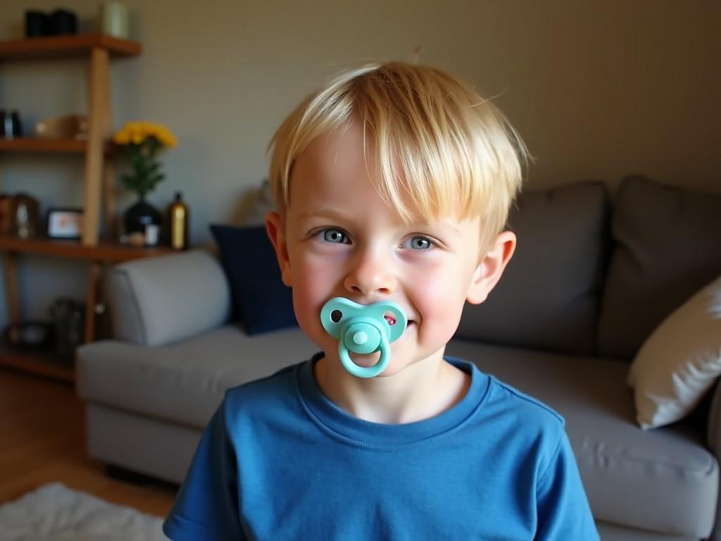 A young child with blonde hair and a pacifier, sitting in a cozy living room.