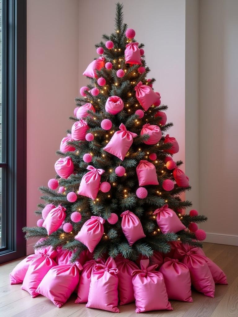 Christmas tree decorated with pink bags and ornaments. The tree is covered in various shades of pink. Soft lighting illuminates the tree.