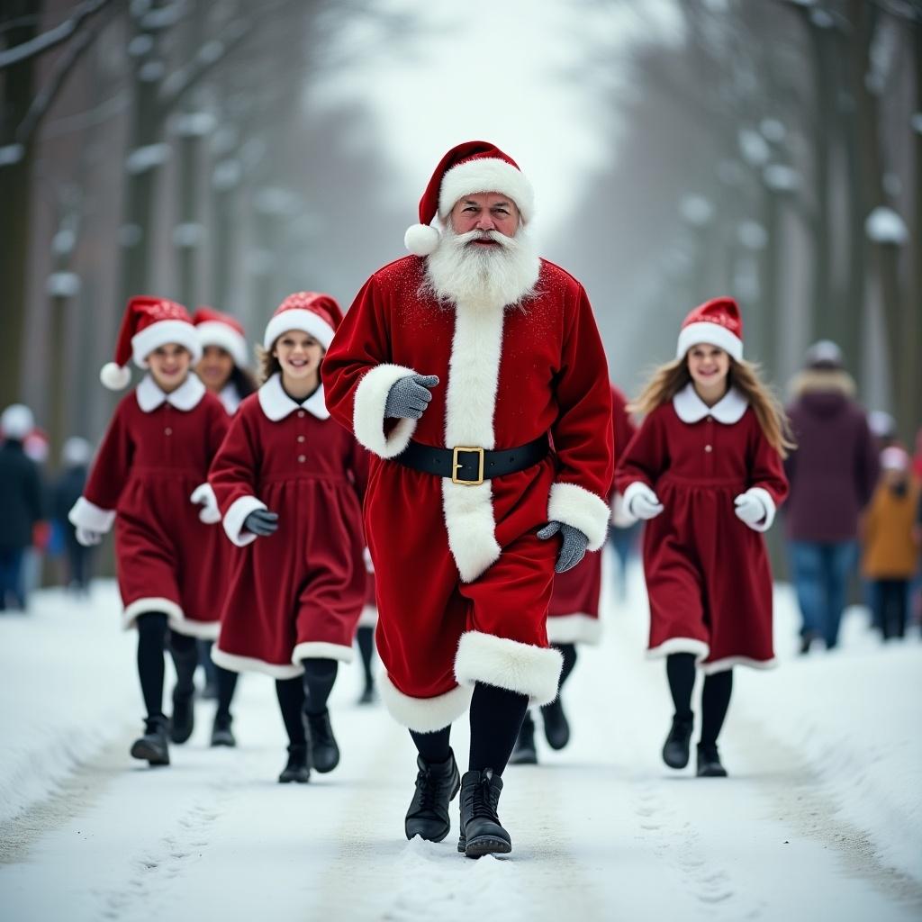 Santa Claus leads a group of students dressed in festive red outfits. They are joyfully running in the snow along a tree-lined path. A winter scene filled with holiday spirit and excitement.