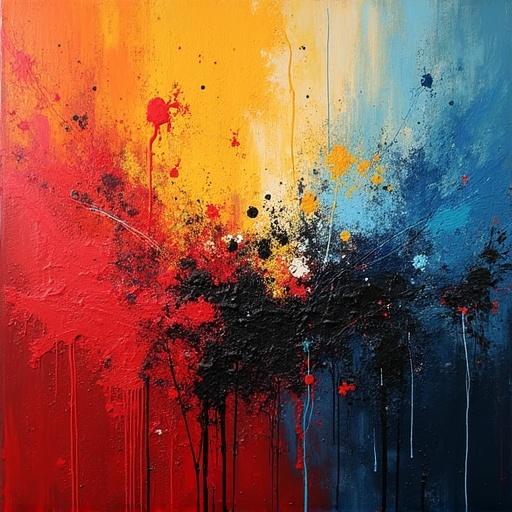 Vibrant and emotionally charged wall art piece. Bold colors and dramatic textures are used. Thick acrylic paint applied with a palette knife. Evokes intense energy and movement in a dynamic abstract composition.