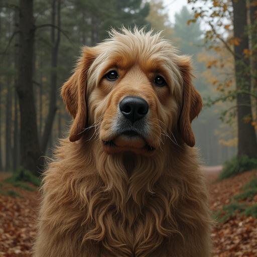 Golden retriever with fluffy fur in a forest with autumn leaves.