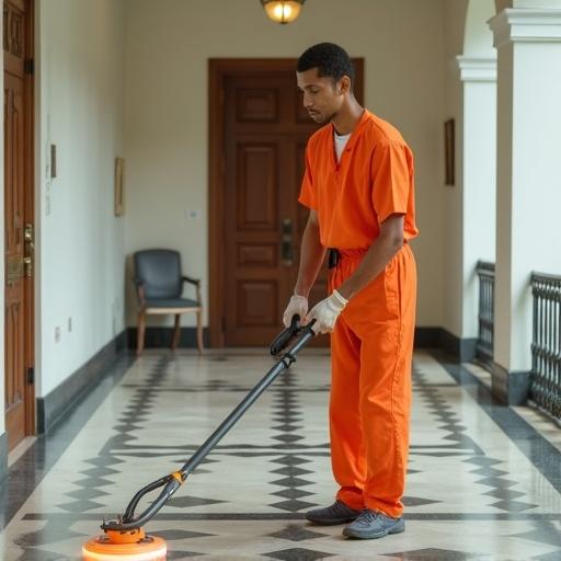 Generate image of a man polishing floors at the White House with a buffer. Color man's shirt and pant prisoner orange. Make the man Caucasian.