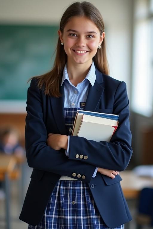 Generate an image of a teenage girl from Australia. She is smiling and holding books in her hands. She is wearing a navy blazer over a checkered blue school dress. The setting is inside a classroom.
