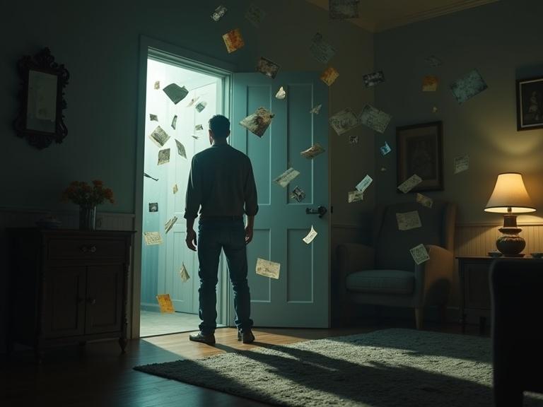 Hyper-realistic 3D interior scene. Man in anguish stands in a dimly lit living room. Open door with symbolic objects floating. Cracked photo frames, torn letters, shattered glass, wilting flowers hover mid-air. Dramatic lighting highlights the man's expression. Tense atmosphere of emotional conflict.