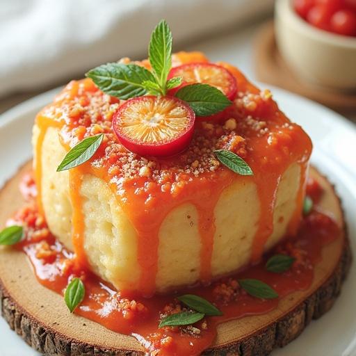 A dessert plate with a colorful sauce on top. Topped with small cherry tomatoes and mint leaves. The dish looks inviting and well-presented. Bright colors create an appealing visual.