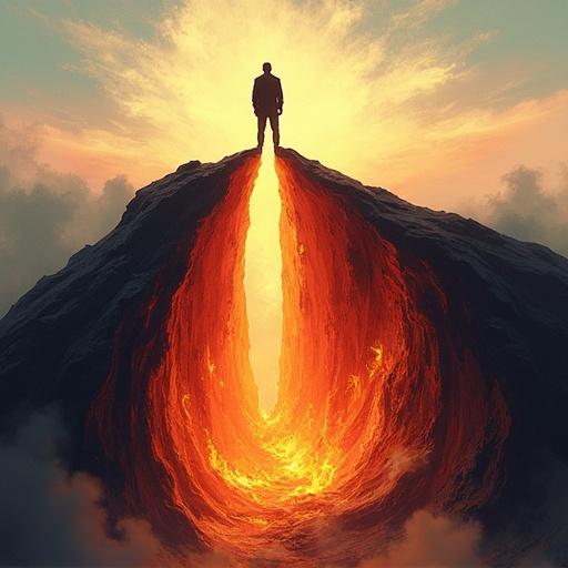 Longitudinal section of a man standing on top of a hollow mountain with fire inside.