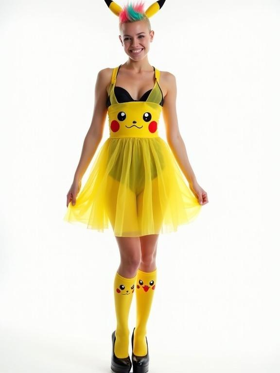 Photograph of a woman wearing a transparent yellow dress with a Pikachu design. She has rainbow hair styled in spikes and is smiling at the camera. Black high-heeled shoes and knee-high socks complete the look. The background is white. The lighting is bright with no shadows. The composition is playful and whimsical.