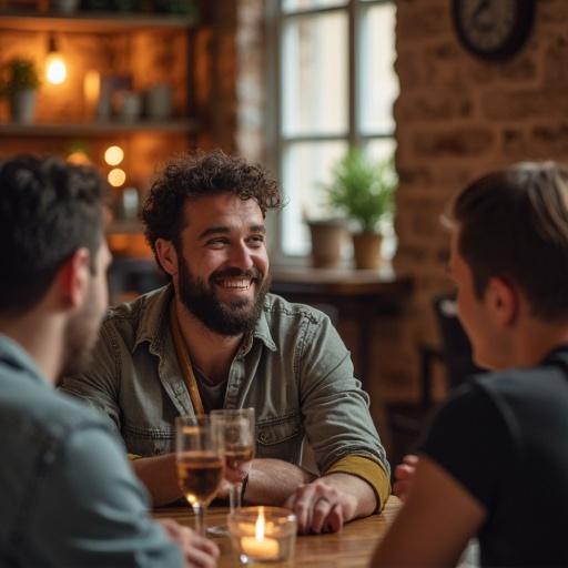 A group of friends enjoying drinks together. One man is laughing and sharing a joke. The setting is warm and inviting. The friends are seated at a table with decorative elements around them.