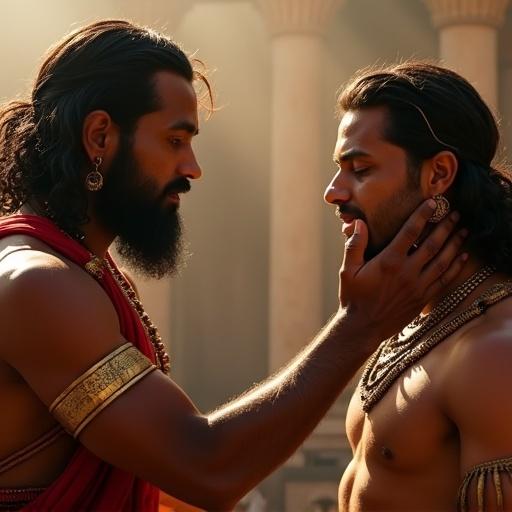 Duryodhana places hand on Karna’s shoulder. The look is not just friendship but deep recognition. Karna is surprised but moved. The setting conveys a regal atmosphere with soft light.