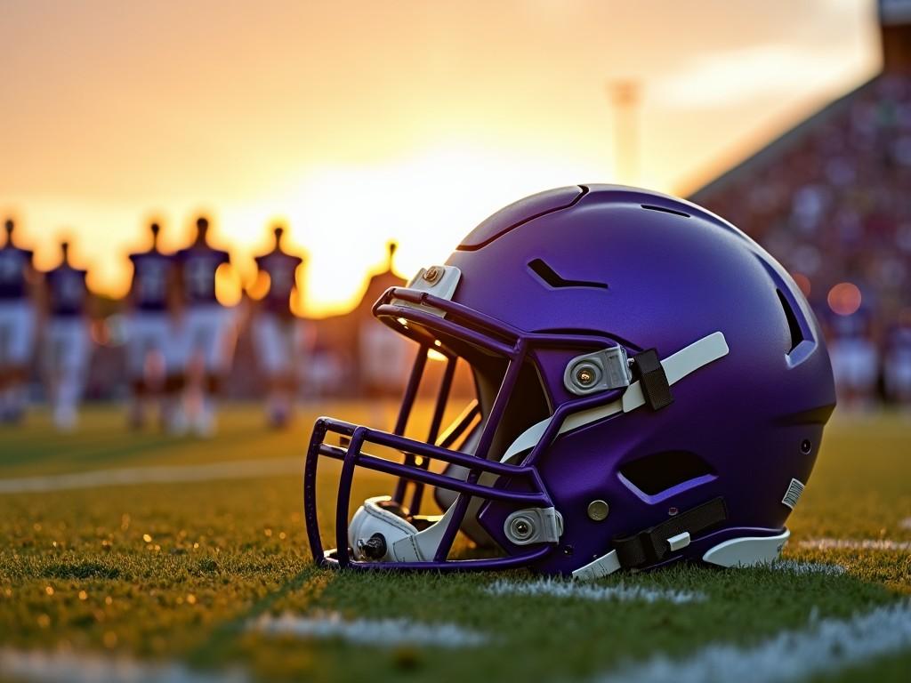 The image shows a scuffed purple football helmet lying on a football field, capturing the essence of the sport. The backdrop features players and fans gradually leaving the stadium during sunset. The warm tones of the sunset enhance the helmet's purple color, creating a striking visual. The scene conveys a sense of nostalgia and excitement for the game. It illustrates not just the equipment but also the atmosphere of a football event, celebrating teamwork and competition.