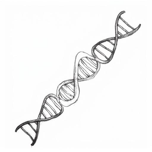 Sketch of DNA and RNA structures on a plain white background. Multiple strands intertwine, creating a visual representation of genetic material.