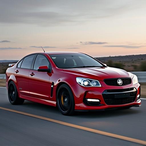 A red Holden SS driving on a road at dusk. The car features a sleek design with a sporty look. It is captured in motion, showing its stylish lines and dynamic presence.