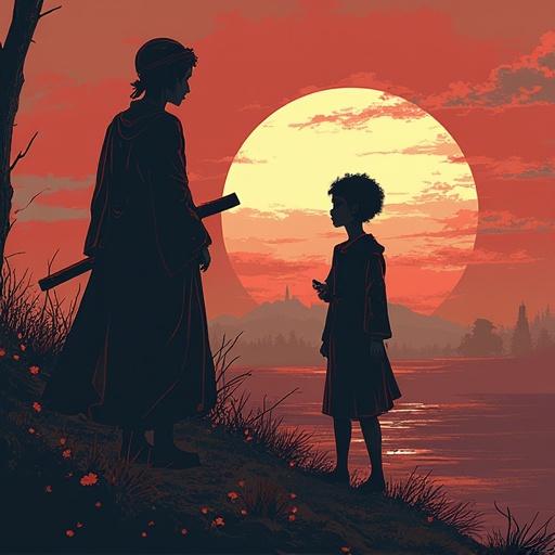 A dramatic scene features two silhouetted figures standing by a body of water during a sunset. One figure wields a weapon. A large sun illuminates the background, creating a striking contrast with the shadows. The environment includes lush vegetation and a serene landscape.