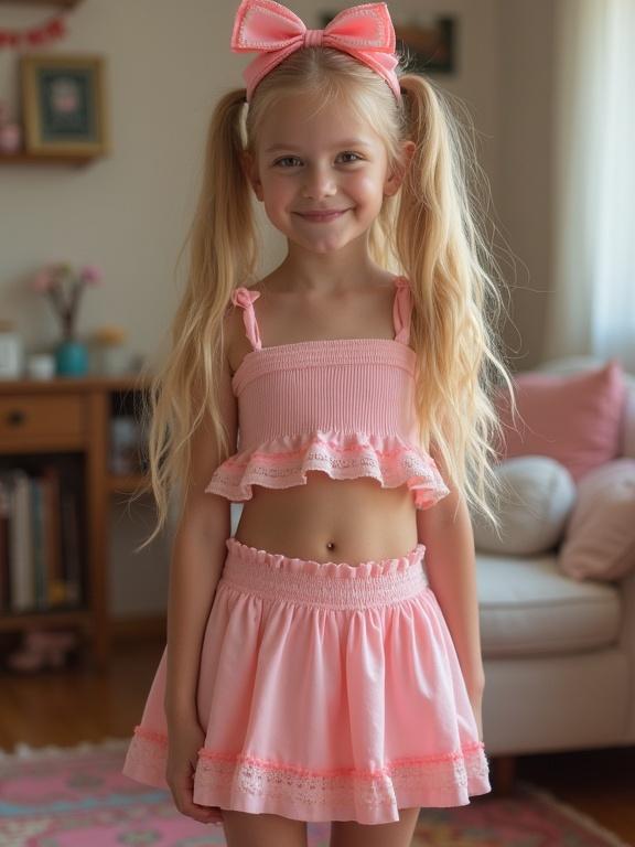 Young girl wears a pink crop top and skirt with twin tails and bows in a living room. She stands smiling on a colorful rug, embodying joy and celebration.