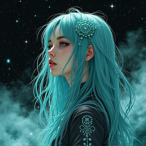 Celestial horror art style featuring a figure with teal hair. The figure has a decorative hair accessory. Background is a starry cosmic scene with dark hues.