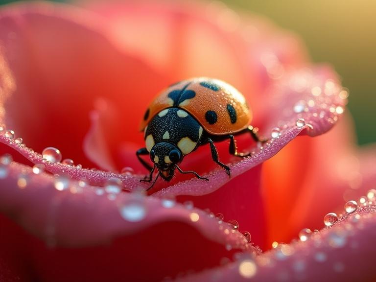 Macro photography. Close-up of a tiny ladybug with intricate patterns crawling on a dewy rose petal. Sunlight illuminates the scene. Miniature world created with bokeh. Ultra-detailed textures with vivid colors. Dynamic lighting highlights the scene.
