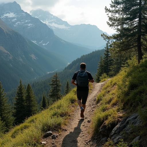 A man runs down a mountain trail surrounded by trees during a cloudy day in the forest. The landscape features distant mountains.