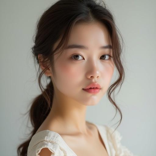 Portrait of a young woman with Western facial characteristics. Features include elegant symmetrical face defined by cheekbones and a pointed chin. Eyes are soft and almond-shaped, with a delicate nose. Skin is porcelain fair with warm undertones, hair is natural light brown. Expression is soft, hinting shyness. Lips are subtly full and pink. She wears a modest dress with a low neckline against a simple background. Highly detailed with realistic lighting, showcasing fine skin texture.