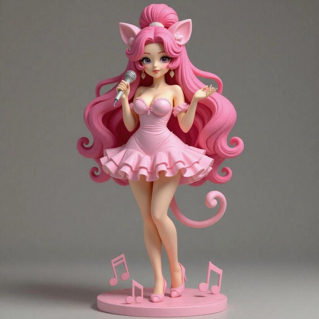 Adult female figure inspired by Jigglypuff. Realistic and elegant woman with a curvaceous body and natural feminine face. Long pink hair in a swirling bun. Short pastel pink dress with ruffles. Rounded ears and short pink tail. Holding a microphone, singing sensually. Standing on a solid base with musical notes for 3D sculpting.
