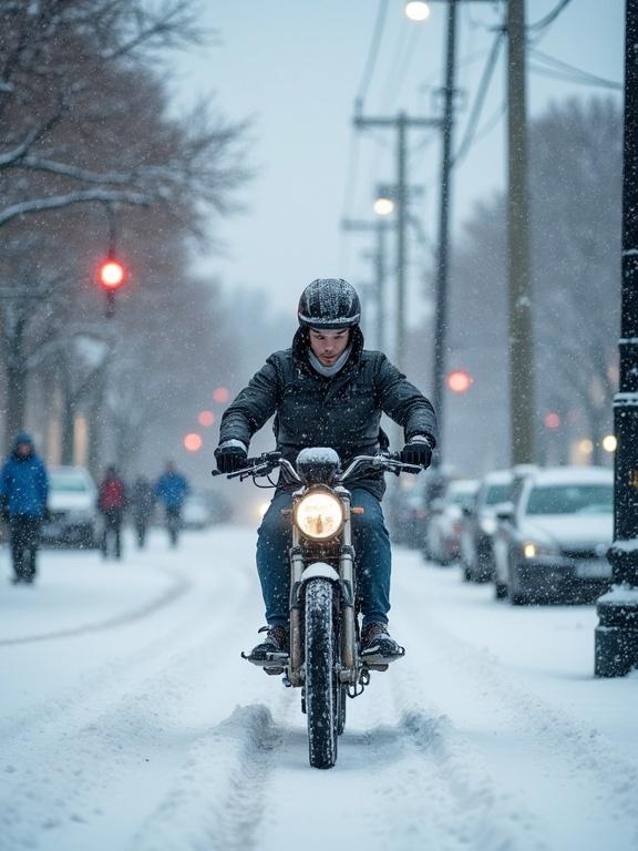 Motorcyclist riding a motorcycle in the snow on a street. Soft snowfall and winter scenery are visible.
