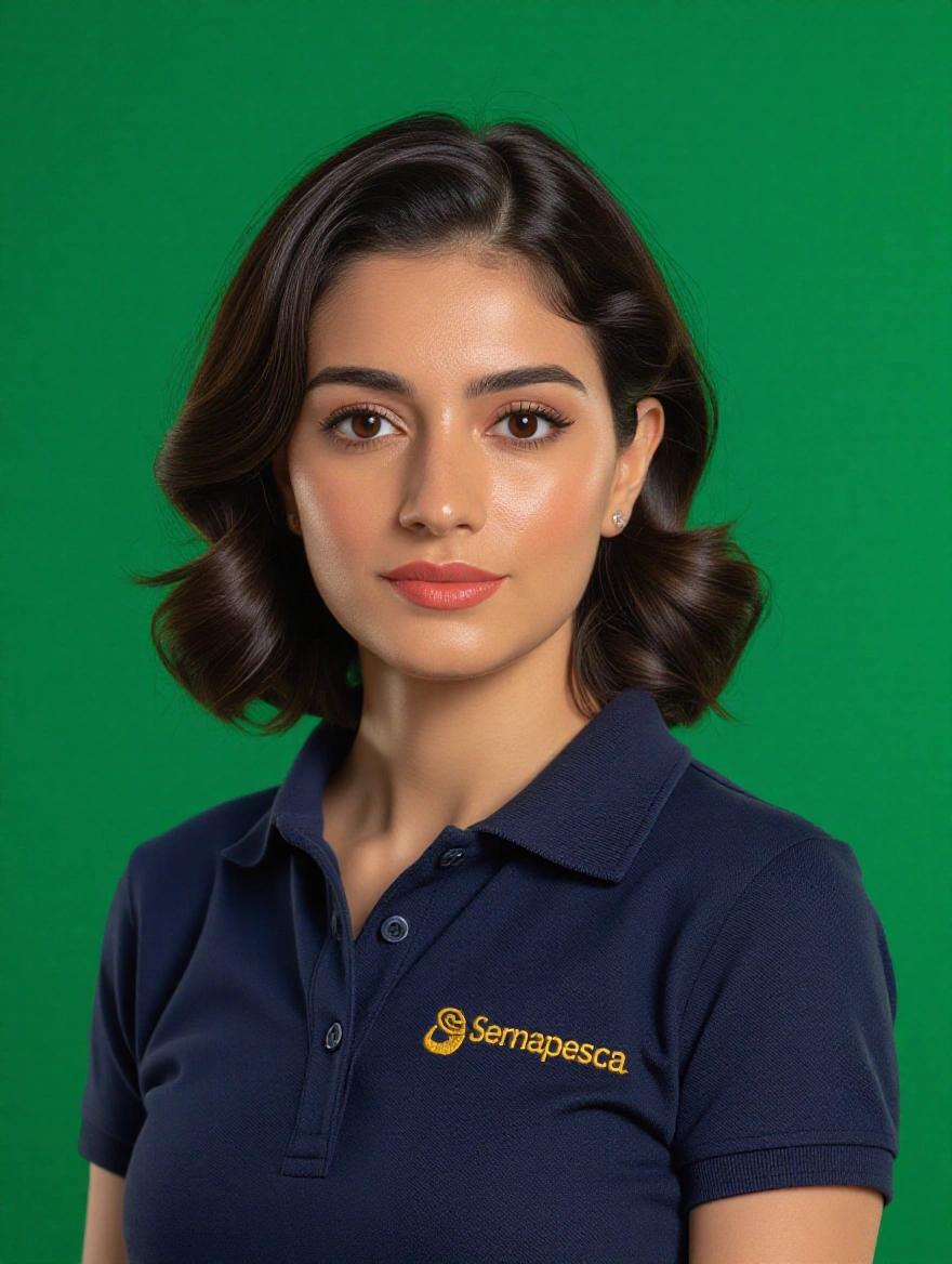Professional portrait of a woman with shoulder-length wavy black hair against a vibrant emerald green background. She has warm brown eyes, subtle makeup, and coral lipstick. Dressed in a navy blue polo with Sernapesca logo. Neutral expression, direct gaze at the camera.
