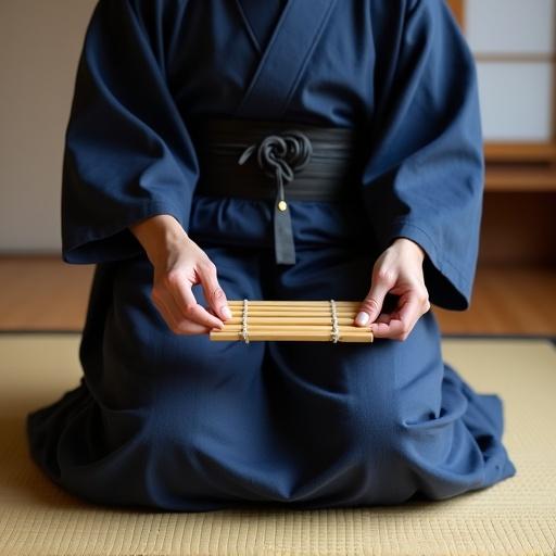 Traditional Japanese musician in dark blue kimono sits seiza on tatami mat. Calm room with shoji and low table. Person holds kokiriko with both hands, resting instrument at chest level. Careful hand movements, in a poised position to play. Close-up of kokiriko and hands adjusting grip.