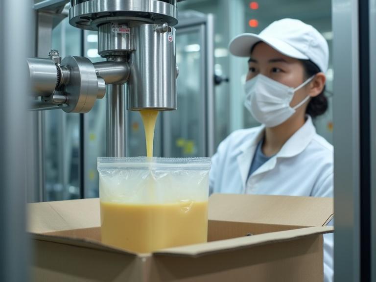 In a food factory, a Japanese female worker in clean white clothes operates a liquid filling machine. The target for filling is a 20-liter bag-in-box container placed in a cardboard box. The scene is high resolution and realistic.