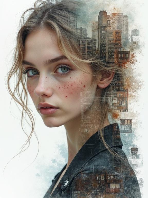Portrait of a young woman with light freckles. Double exposure of urban cityscape in the background. Soft lighting and minimalistic design. Detailed artistic style with elements of watercolor and pencil.