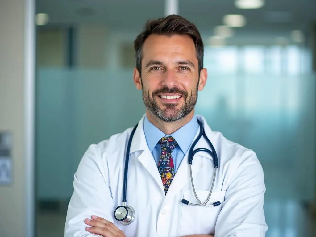 An unrecognizable male doctor is dressed in a white medical coat. He wears a stethoscope around his neck, indicating his profession. His attire includes a colorful tie, adding a touch of style to his professional appearance. The background is a blurry hospital environment, emphasizing the focus on the doctor. The overall image conveys a sense of trust and professionalism while showcasing the medical setting.