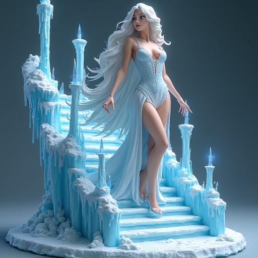 Ultra-detailed resin collectible figurine of an Ice Sorceress on an icy staircase. Long white hair and icy-blue eyes. She wears a shimmering whitish-blue dress with a plunging neckline. High heels and ice crystal jewelry enhance her allure. Base has icicles and snow textures. Magical lighting highlights her form.