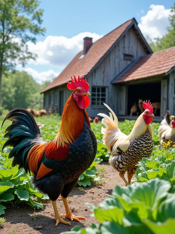 Rural scene with various chickens in a garden near a wooden house. Prominent rooster with colorful plumage in foreground. Garden has lush green plants and yellow flowers. Rustic wooden house and animal shed in background. Clear sky with white clouds and bright sunlight.