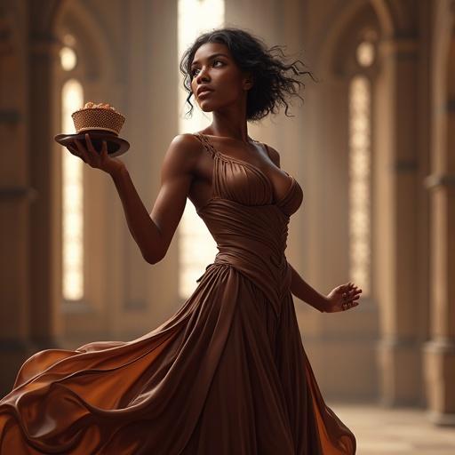 A hyper-realistic fantasy illustration of Laphidhea the goddess of cocoa and chocolate striking a sensual and elegant pose in motion offering a magical cup of cocoa with flowing chocolate-crafted gown and silky milk chocolate ribbons in a warmly lit medieval stone hall