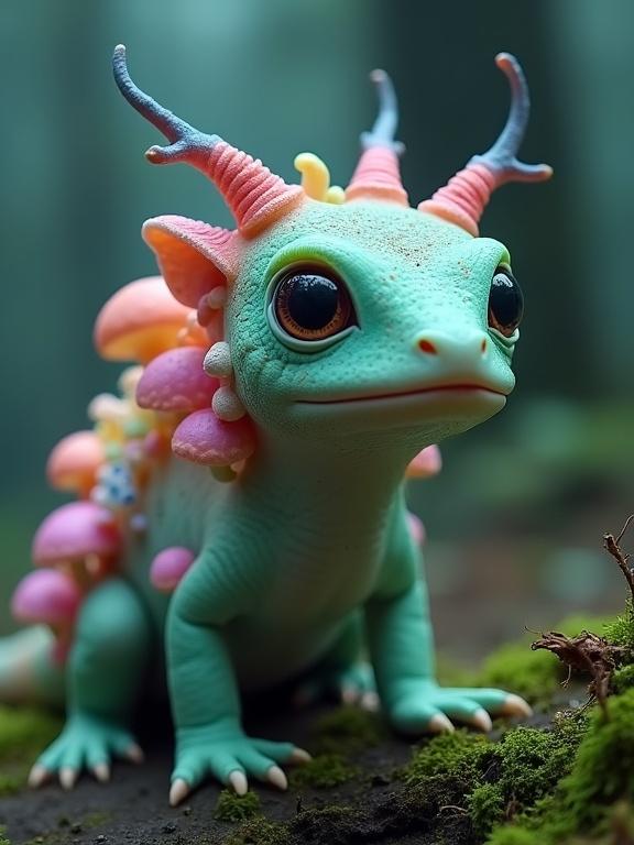 An enchanting reptilian creature adorned with mushroom-like growths. The creature is predominantly turquoise and pink with a dreamlike forest background. It has large expressive eyes and a unique bioluminescent appearance. The setting feels mystical and surreal.