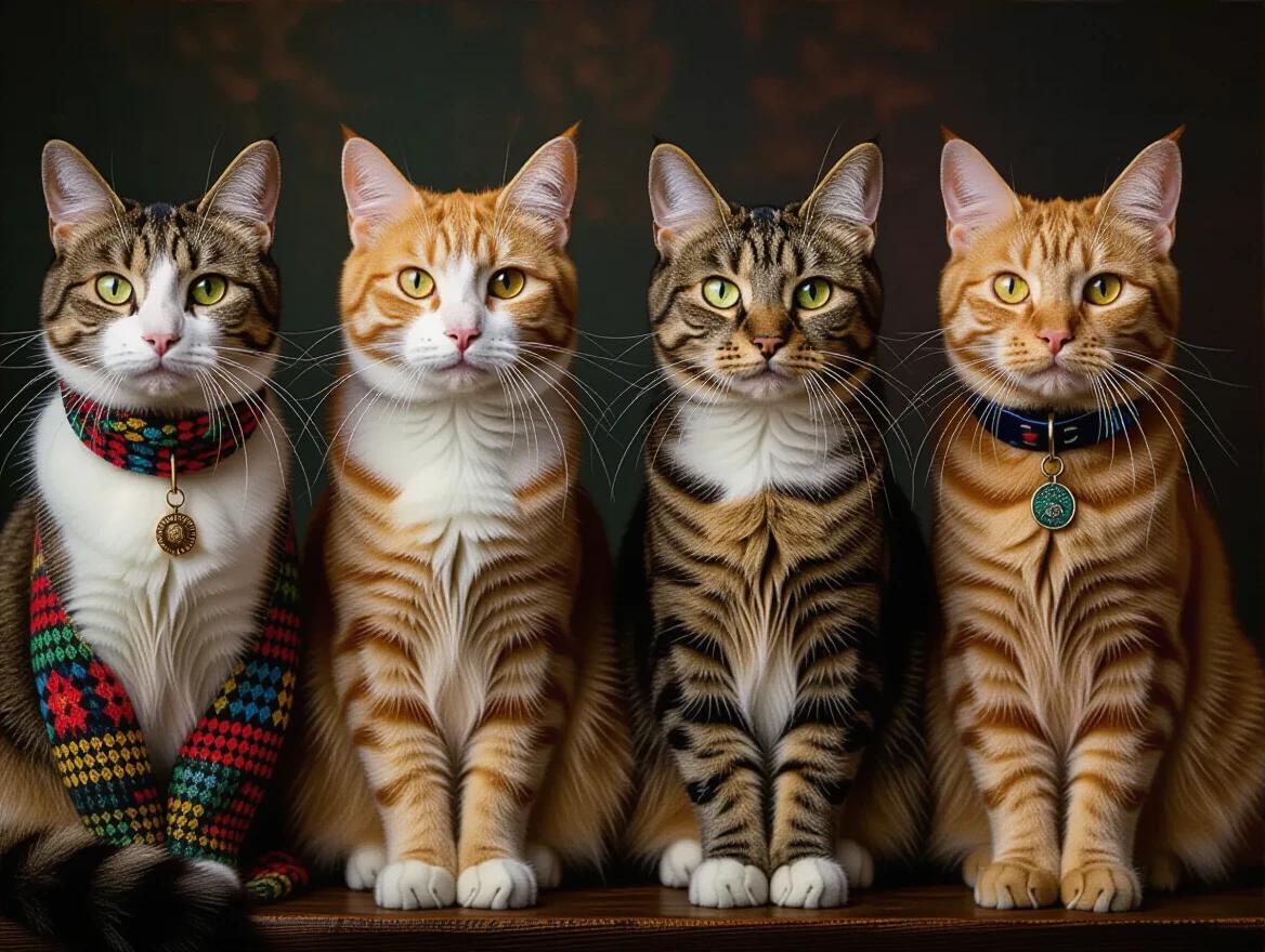 Epic visual composition of multiple cats. Each cat reflects a distinct generation. Use settings styling mood fashion accessories and background elements to show generational contrasts. Cinematic lighting and dramatic colors enhance the scene. Hyper-realistic style and ultra-detailed textures create a striking image.