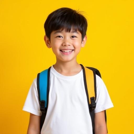 Portrait of a young Asian boy wearing a white t-shirt and a colorful backpack against a bright yellow background. The boy has a cheerful expression and is styled casually. The lighting is natural and emphasizes a friendly appearance.