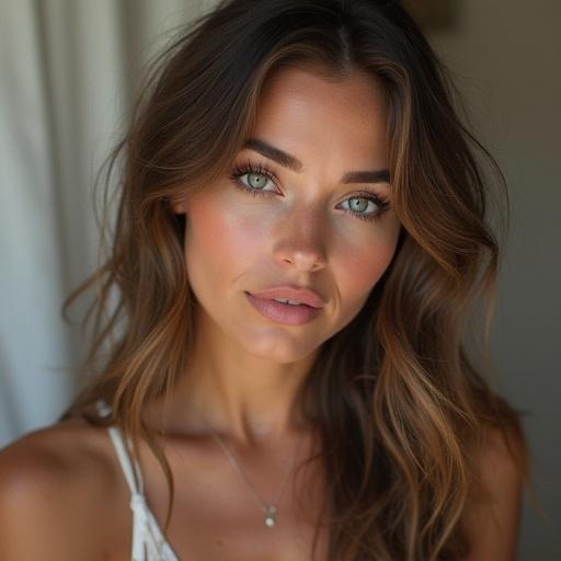 Charming woman with long wavy hair. Relaxed expression with a graceful vibe. Appearing fresh and fashionable. Natural light illuminating the scene. Ideal portrait for beauty and fashion context.