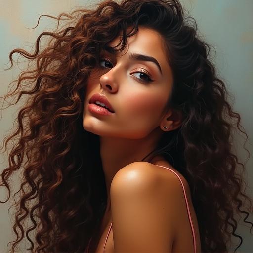 Captivating oil painting of a woman with long curly hair in 4k resolution. Soft lighting enhances beauty features. Warm and earthy colors.