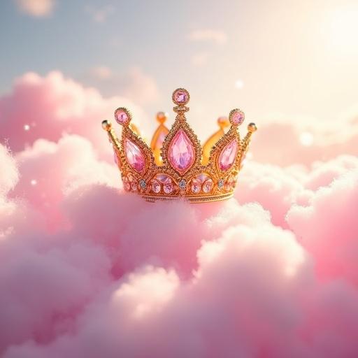 A gold crown with pink jewels and diamonds floats on fluffy pink and white clouds. Soft light sparkles around the crown. No dark shadows appear.